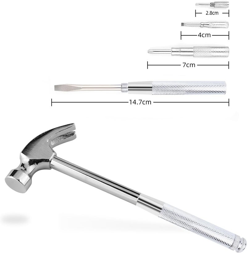 Kinobo Mini Metal Hammer 6 in 1 with Slotted/Flat Head Phillips Screwdriver Claw Hammer Manual, Portable Multifunction Tool Hammer (Silver) - Image 4